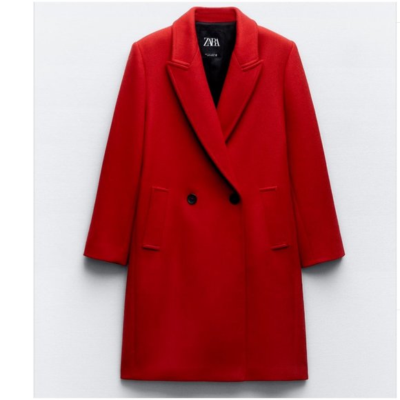 ZARA WOMEN RED LONG WOOL COAT DOUBLE BREASTED - Picture 7 of 12